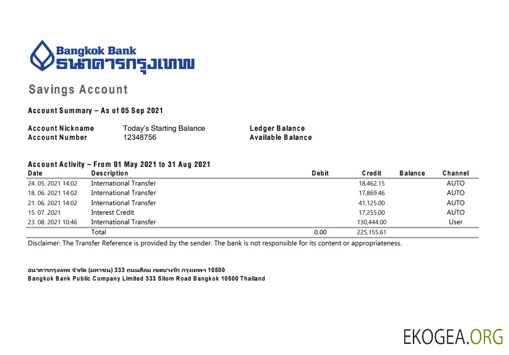 Relevé bancaire de Thaïlande Bangkok modèle facile à remplir au format Excel et PDF